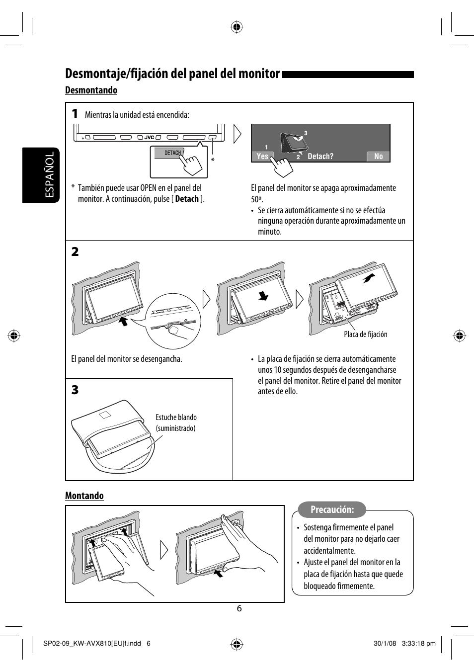 Desmontaje/fijación del panel del monitor, Español | JVC KW-AVX810 User Manual | Page 80 / 225