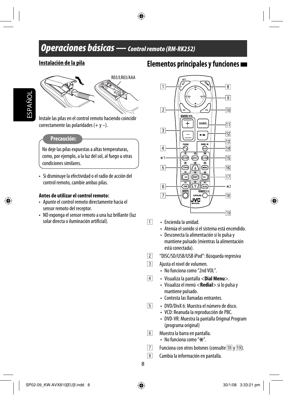 Operaciones básicas, Elementos principales y funciones, Español | Control remoto (rm-rk252) | JVC KW-AVX810 User Manual | Page 82 / 225