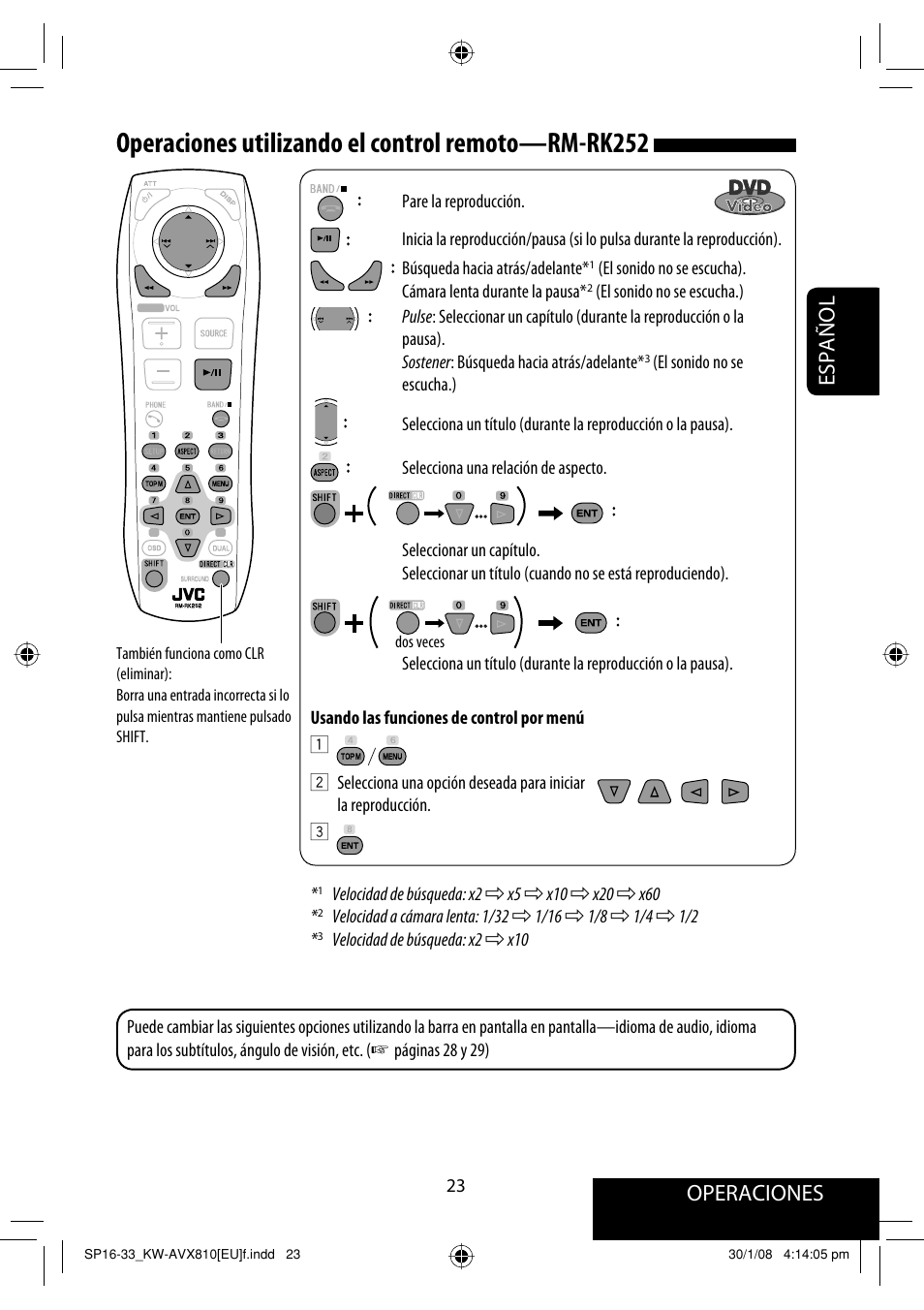 Operaciones utilizando el control remoto—rm-rk252, Operaciones, Español | JVC KW-AVX810 User Manual | Page 97 / 225