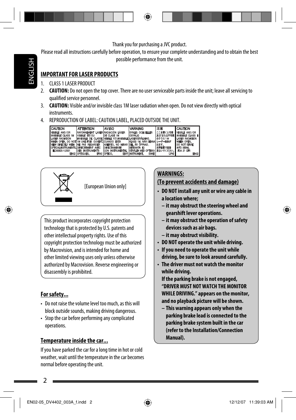 English 2 | JVC KD-DV4402 User Manual | Page 2 / 111