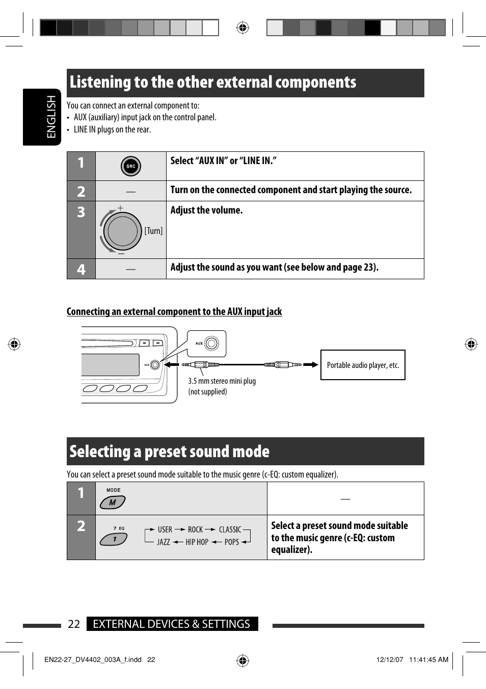 Listening to the other external components, Selecting a preset sound mode | JVC KD-DV4402 User Manual | Page 22 / 111