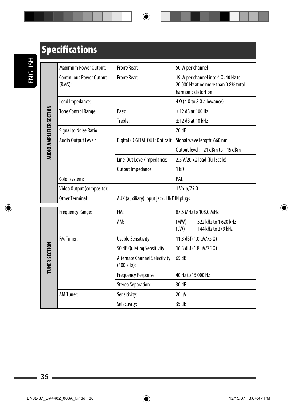 Specifications, English 36 | JVC KD-DV4402 User Manual | Page 36 / 111