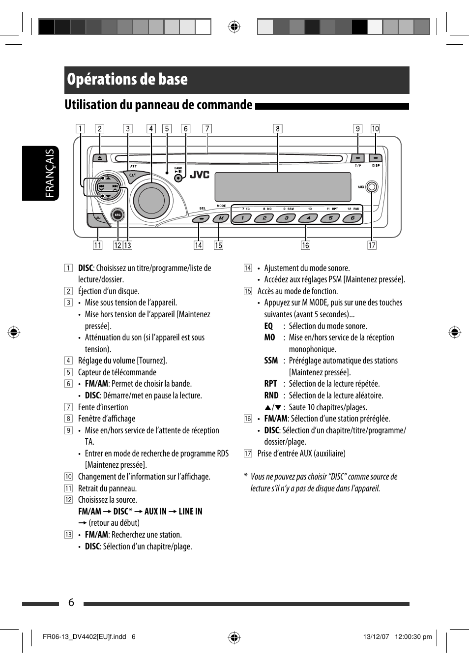 Opérations de base, Utilisation du panneau de commande, 6français | JVC KD-DV4402 User Manual | Page 42 / 111