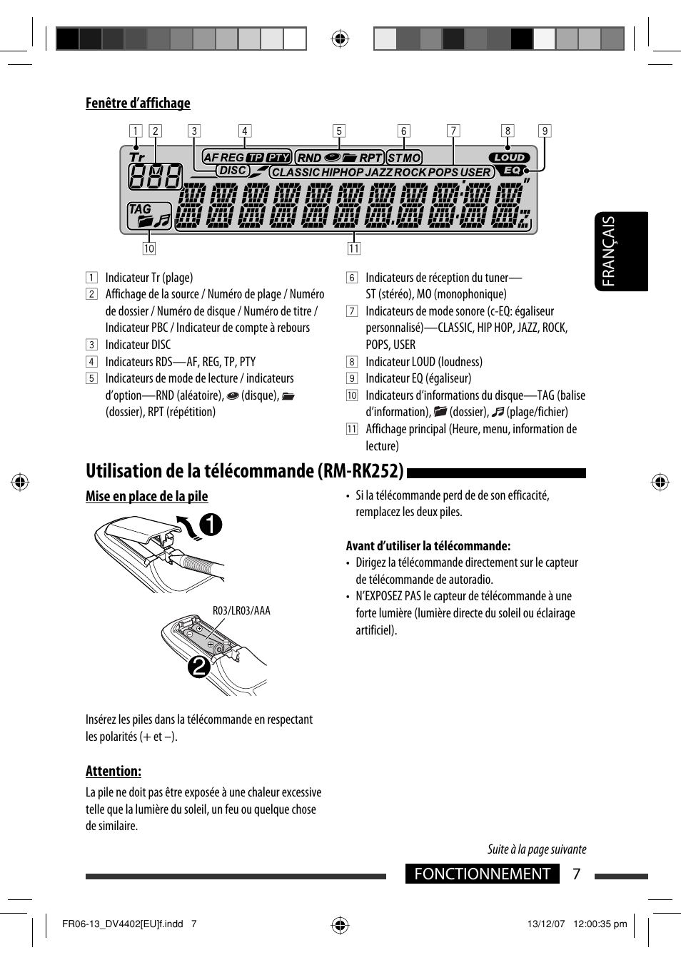 Utilisation de la télécommande (rm-rk252), 7fonctionnement français | JVC KD-DV4402 User Manual | Page 43 / 111