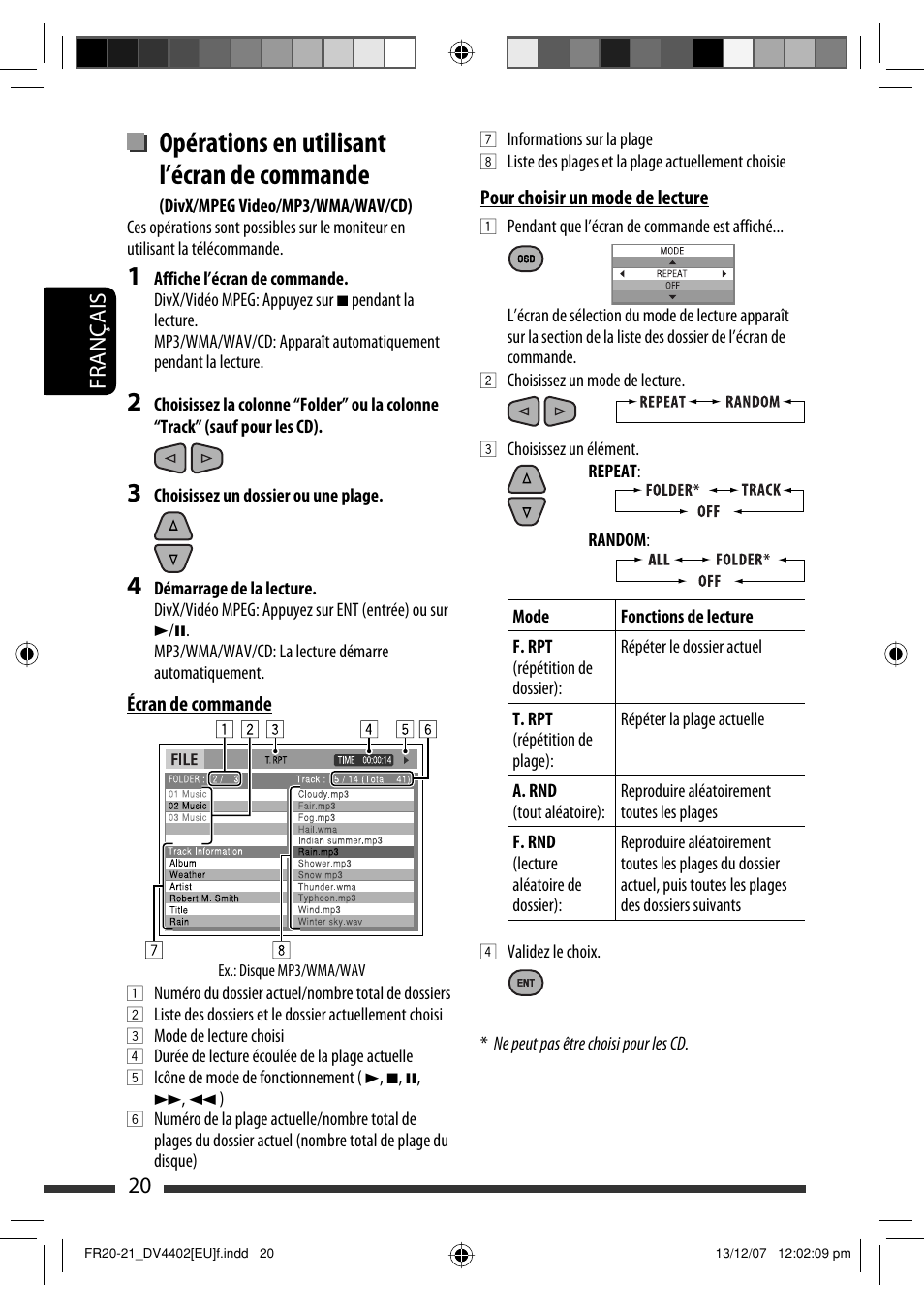 Opérations en utilisant l’écran de commande, 20 français | JVC KD-DV4402 User Manual | Page 56 / 111