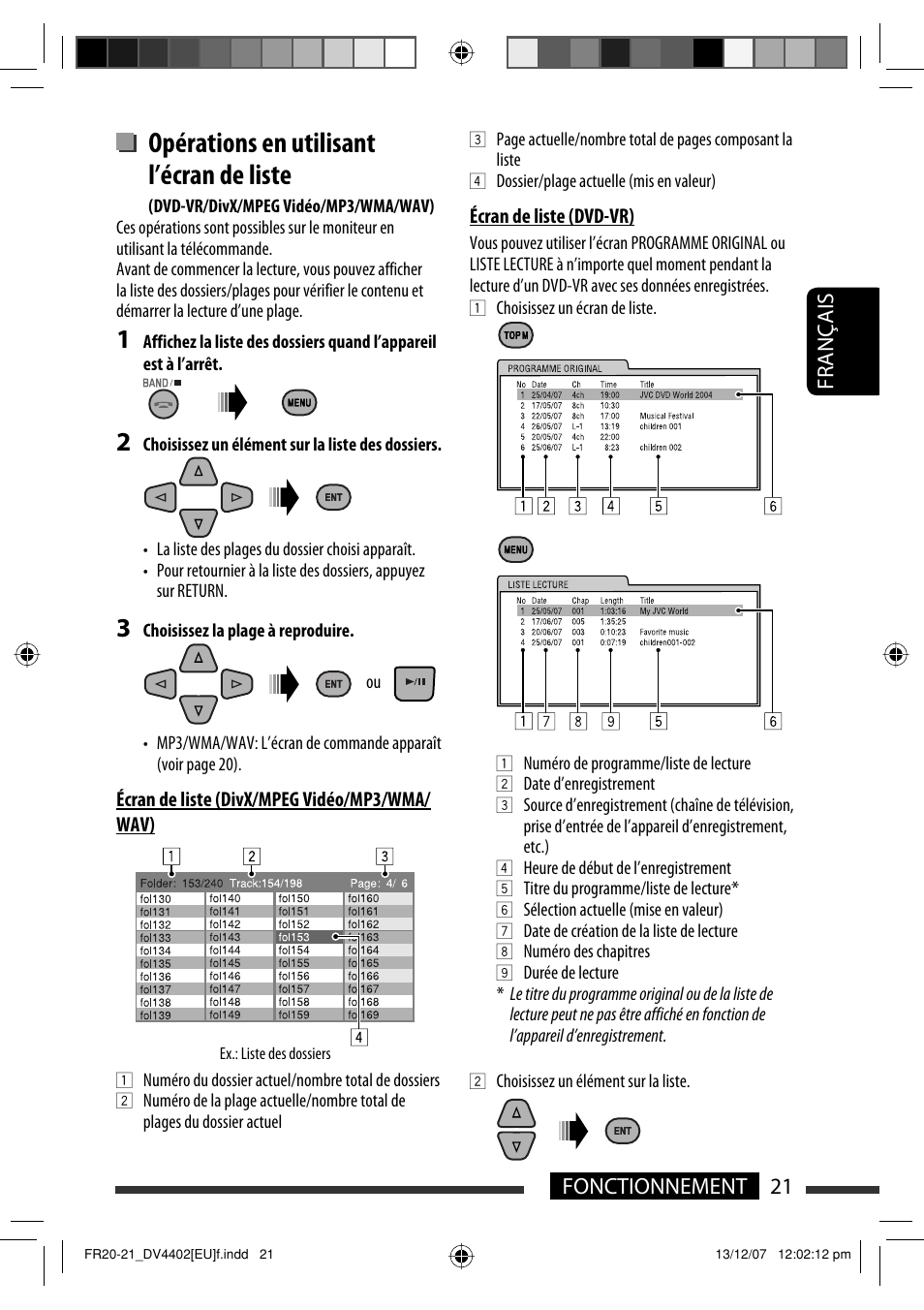 Opérations en utilisant l’écran de liste, 21 fonctionnement français | JVC KD-DV4402 User Manual | Page 57 / 111