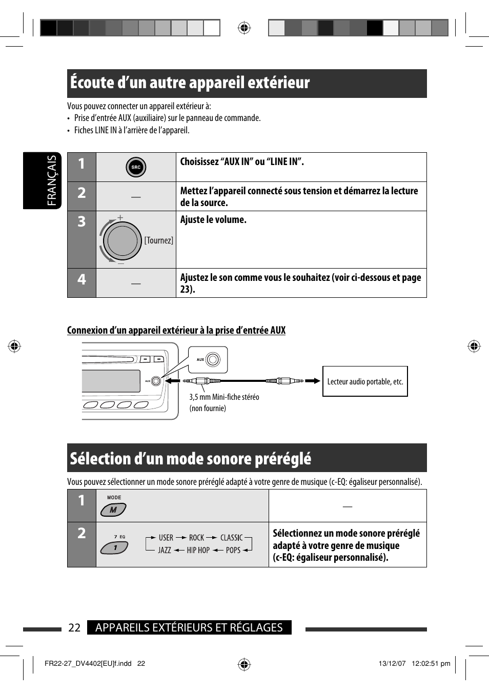 Écoute d’un autre appareil extérieur, Sélection d’un mode sonore préréglé | JVC KD-DV4402 User Manual | Page 58 / 111