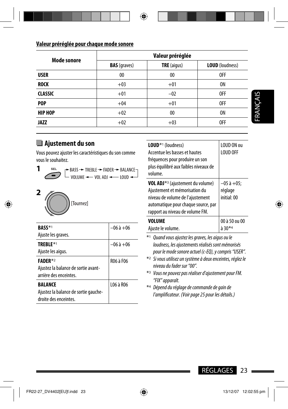 Ajustement du son, 23 réglages français | JVC KD-DV4402 User Manual | Page 59 / 111