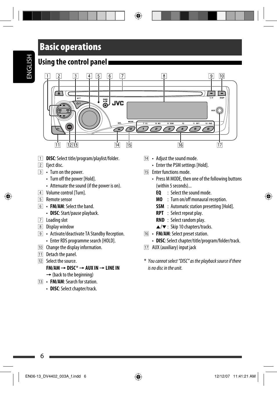 Basic operations, Using the control panel, English 6 | JVC KD-DV4402 User Manual | Page 6 / 111