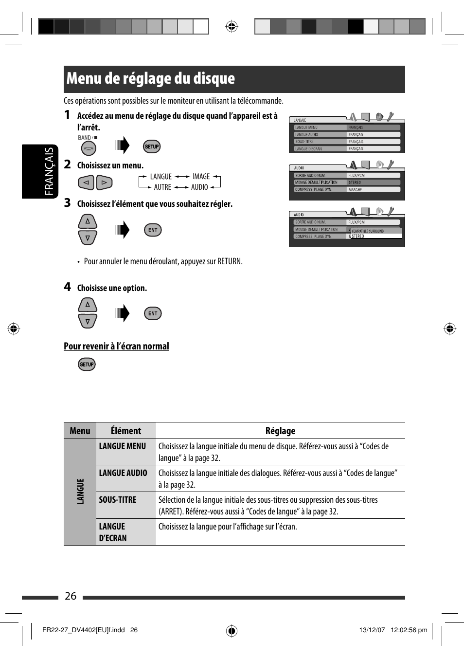 Menu de réglage du disque | JVC KD-DV4402 User Manual | Page 62 / 111