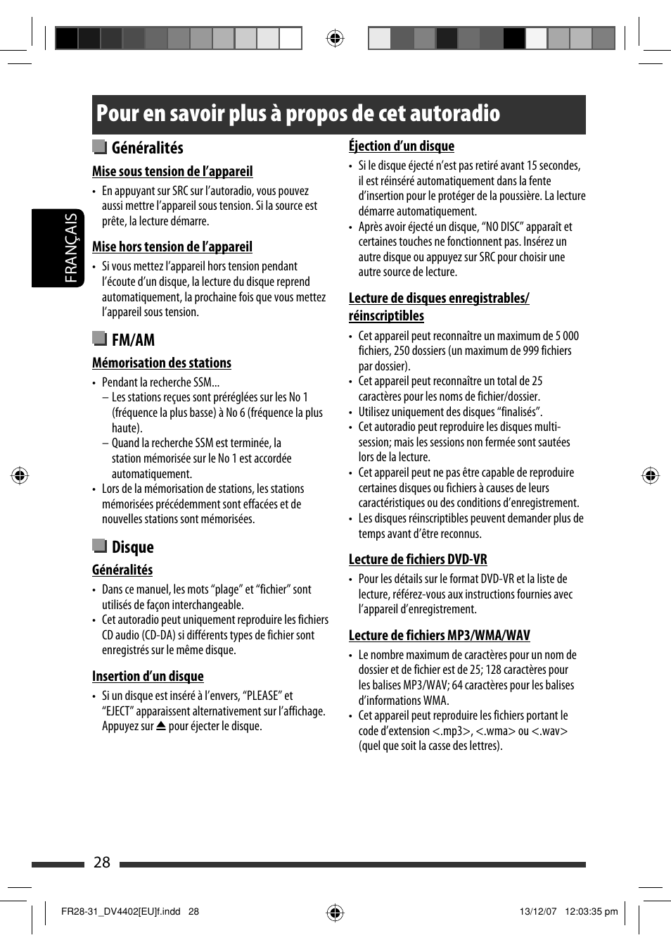 Pour en savoir plus à propos de cet autoradio, Généralités, Fm/am | Disque | JVC KD-DV4402 User Manual | Page 64 / 111