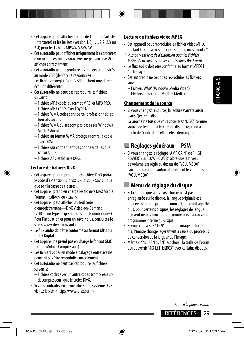 Réglages généraux—psm, Menu de réglage du disque, 29 références français | JVC KD-DV4402 User Manual | Page 65 / 111