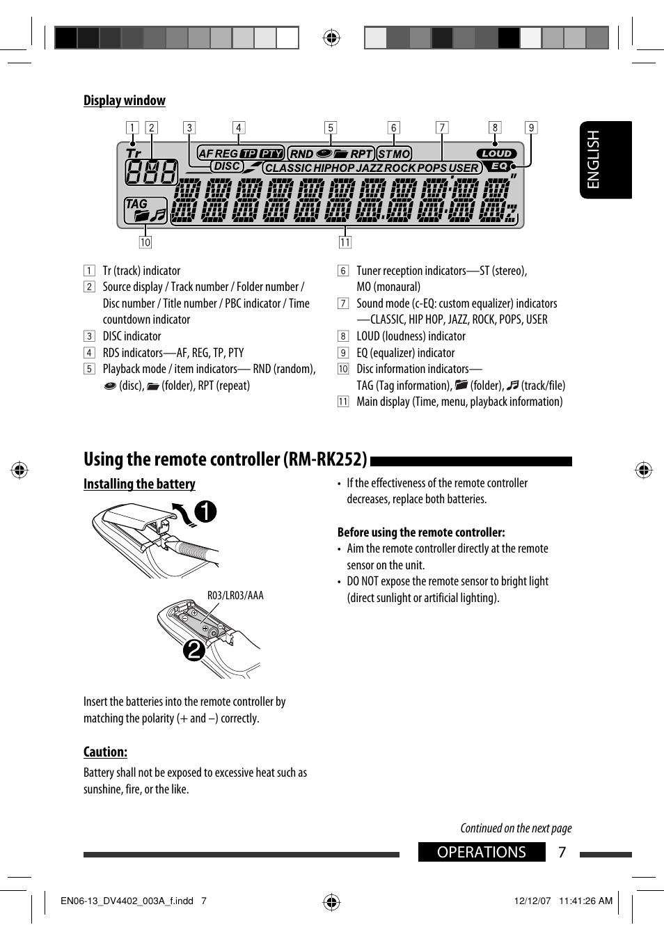 Using the remote controller (rm-rk252), English 7 operations | JVC KD-DV4402 User Manual | Page 7 / 111