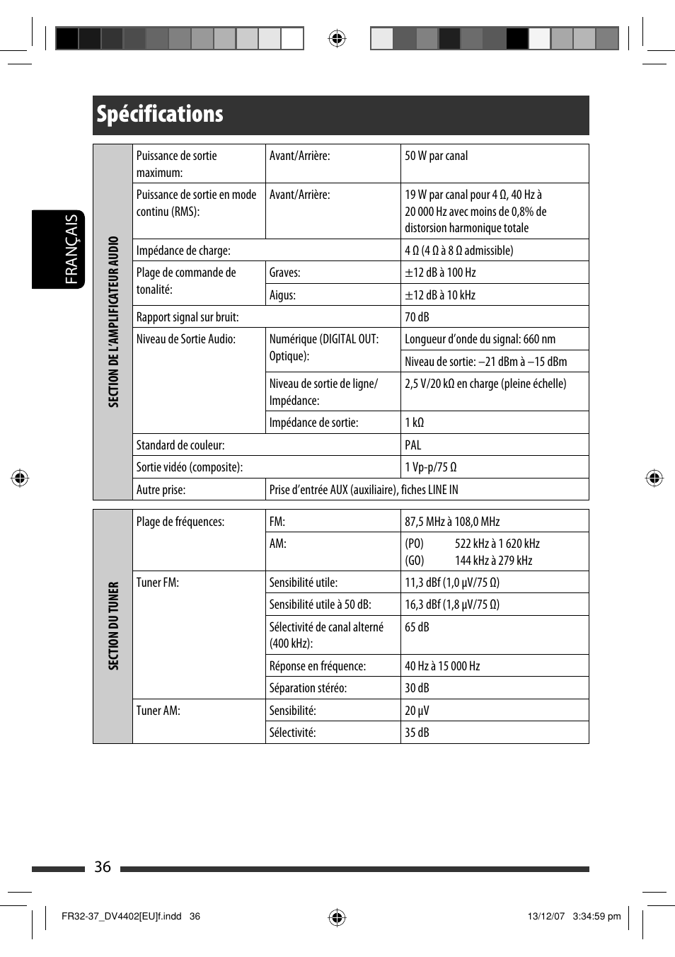 Spécifications, 36 français | JVC KD-DV4402 User Manual | Page 72 / 111