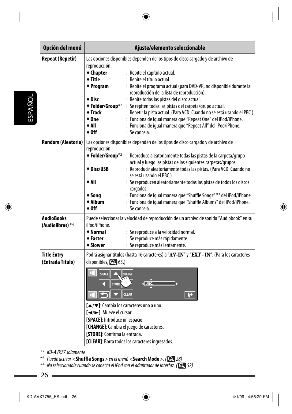 26 español, Opción del menú ajuste/elemento seleccionable | JVC KD-AVX77 User Manual | Page 100 / 220