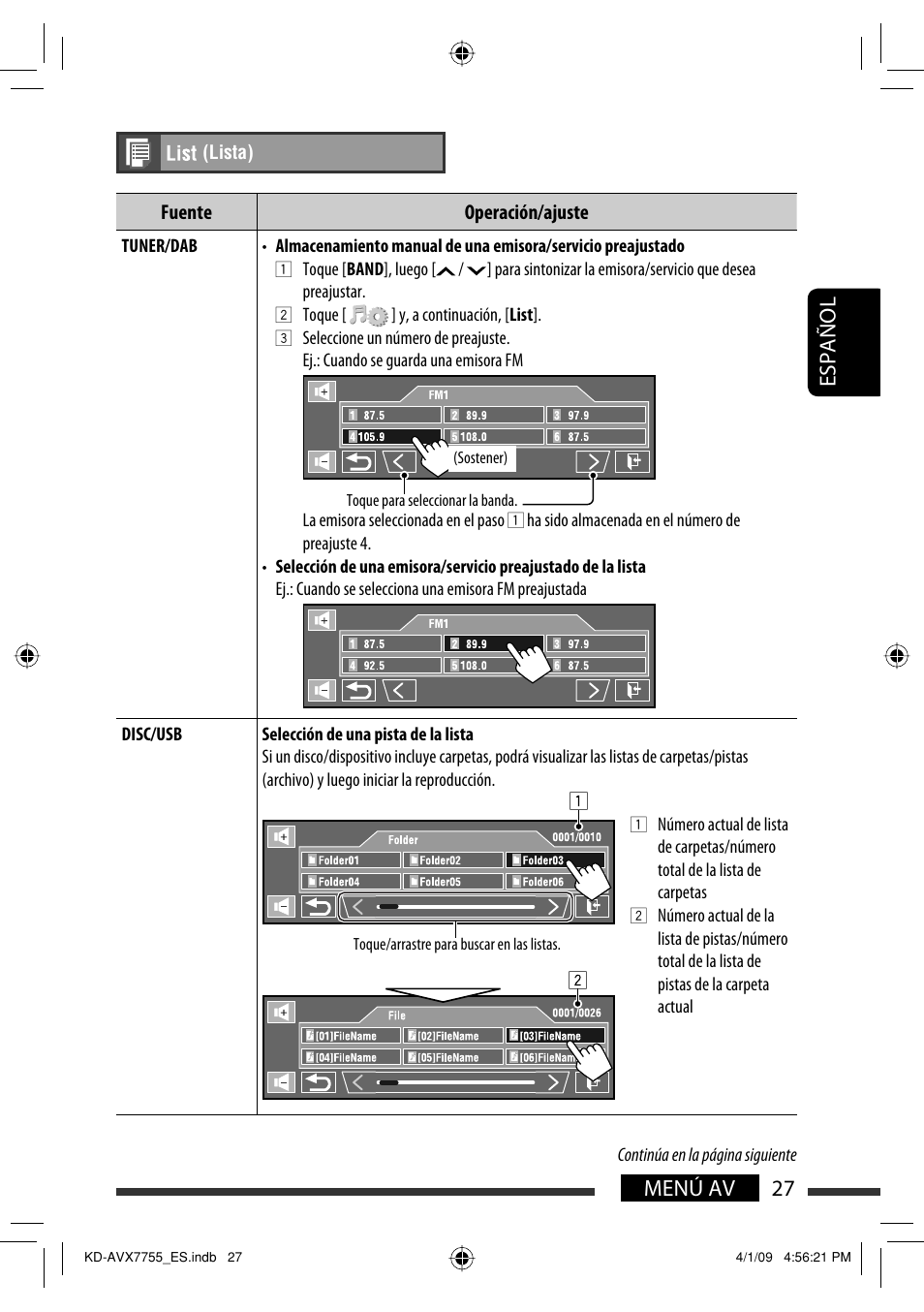 27 menú av español | JVC KD-AVX77 User Manual | Page 101 / 220