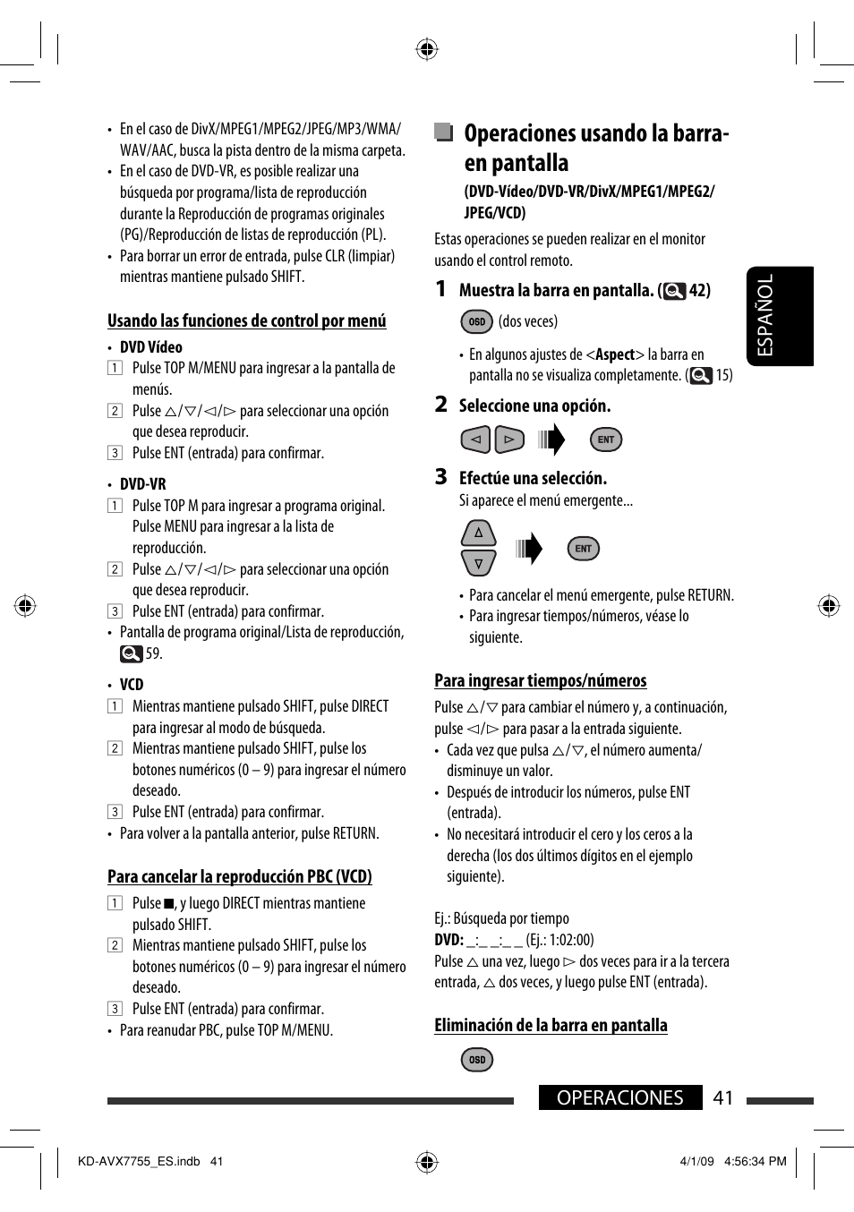 Operaciones usando la barra- en pantalla, 41 operaciones español | JVC KD-AVX77 User Manual | Page 115 / 220