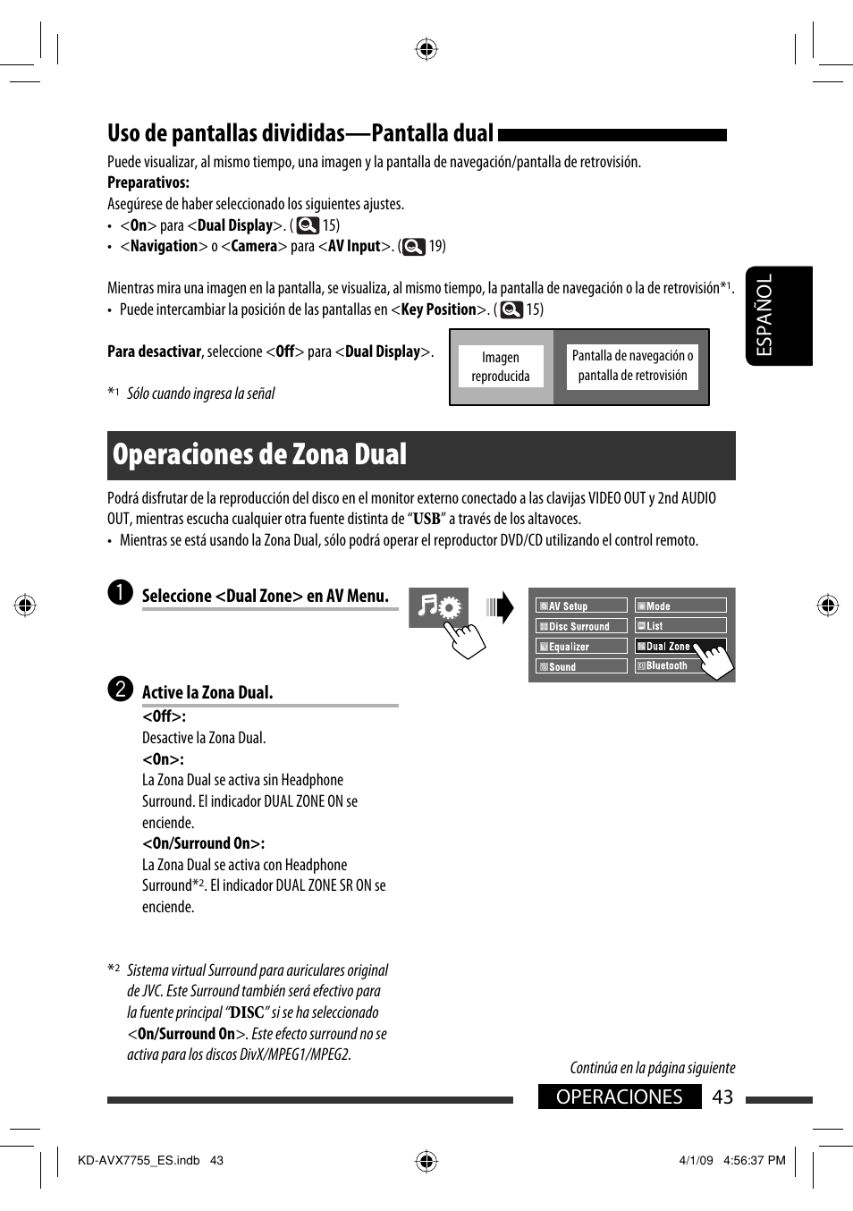 Operaciones de zona dual, Uso de pantallas divididas—pantalla dual, 43 operaciones español | JVC KD-AVX77 User Manual | Page 117 / 220