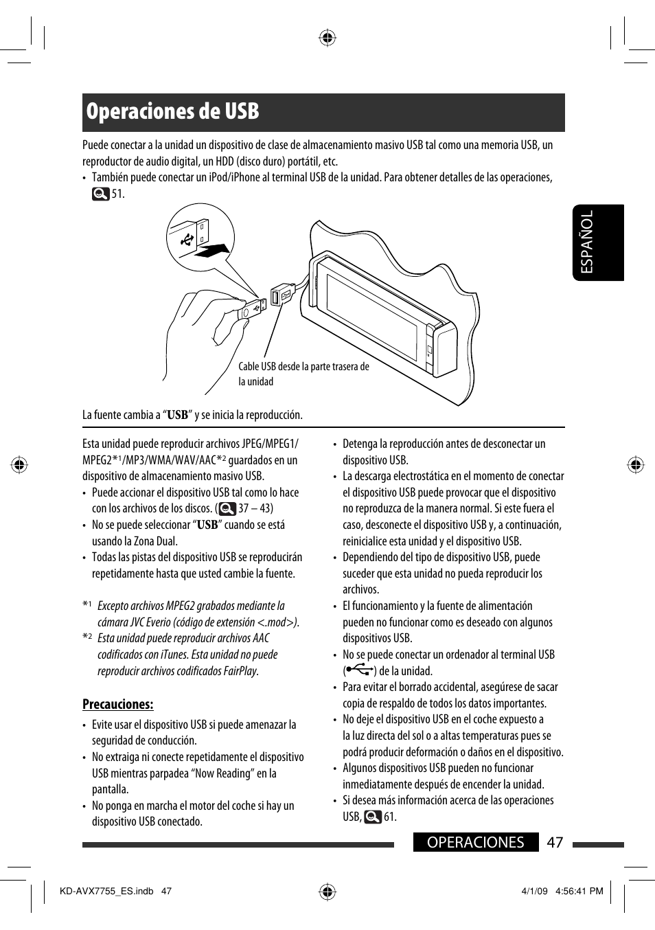 Operaciones de usb, 47 operaciones español | JVC KD-AVX77 User Manual | Page 121 / 220