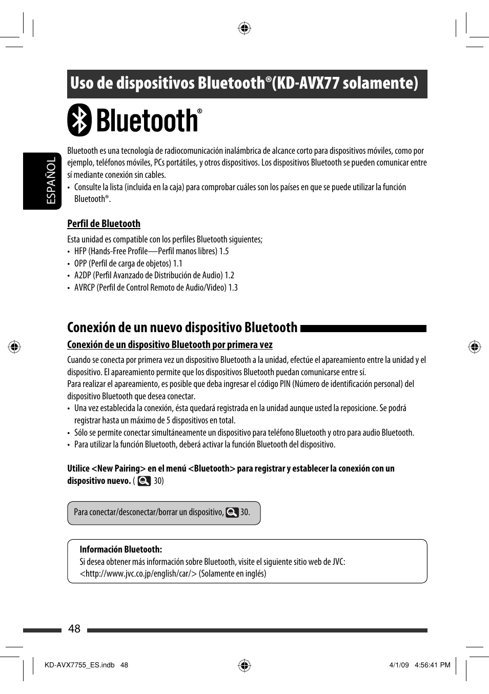 Uso de dispositivos bluetooth®(kd-avx77 solamente), Conexión de un nuevo dispositivo bluetooth | JVC KD-AVX77 User Manual | Page 122 / 220