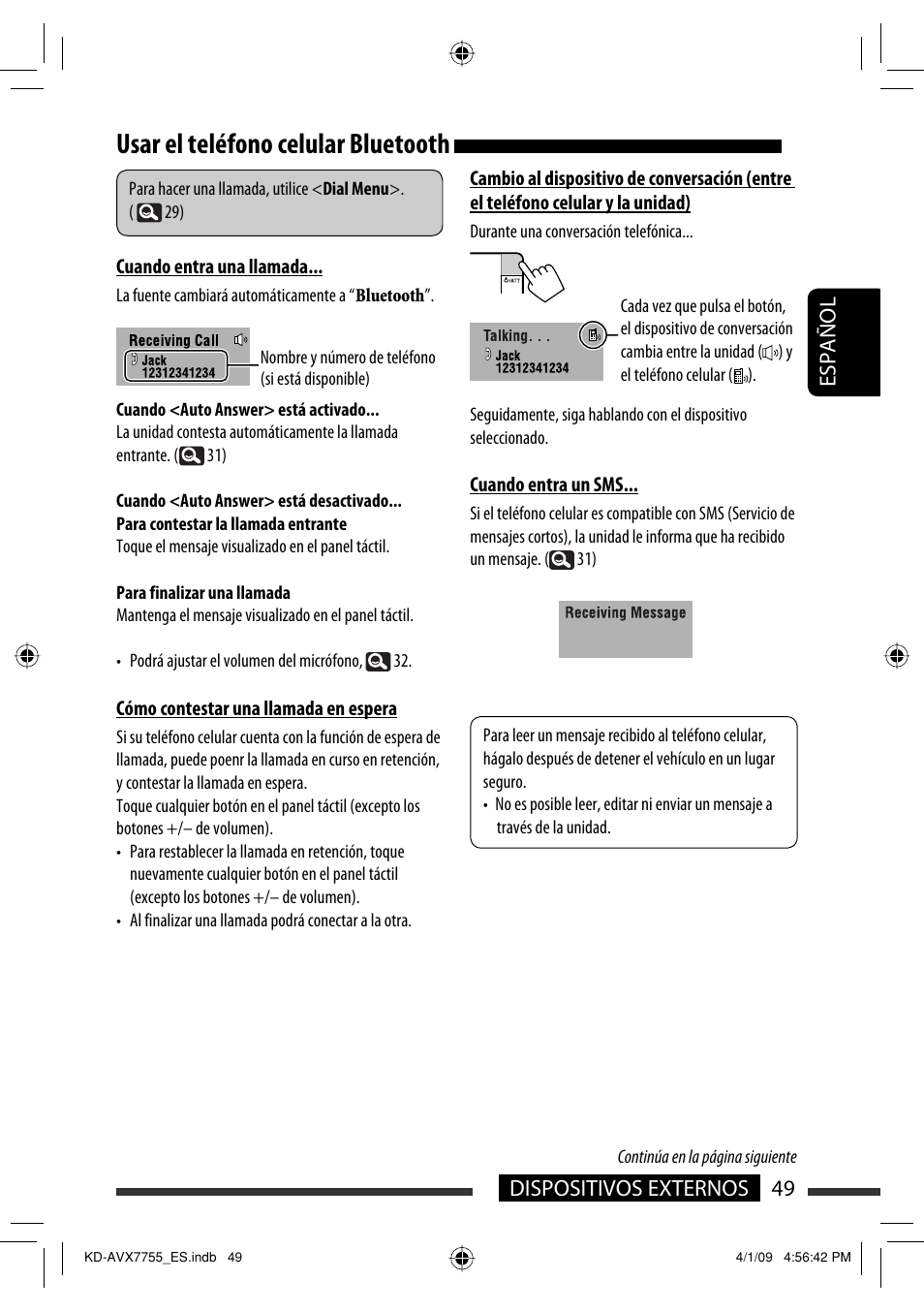 Usar el teléfono celular bluetooth, 49 dispositivos externos español | JVC KD-AVX77 User Manual | Page 123 / 220