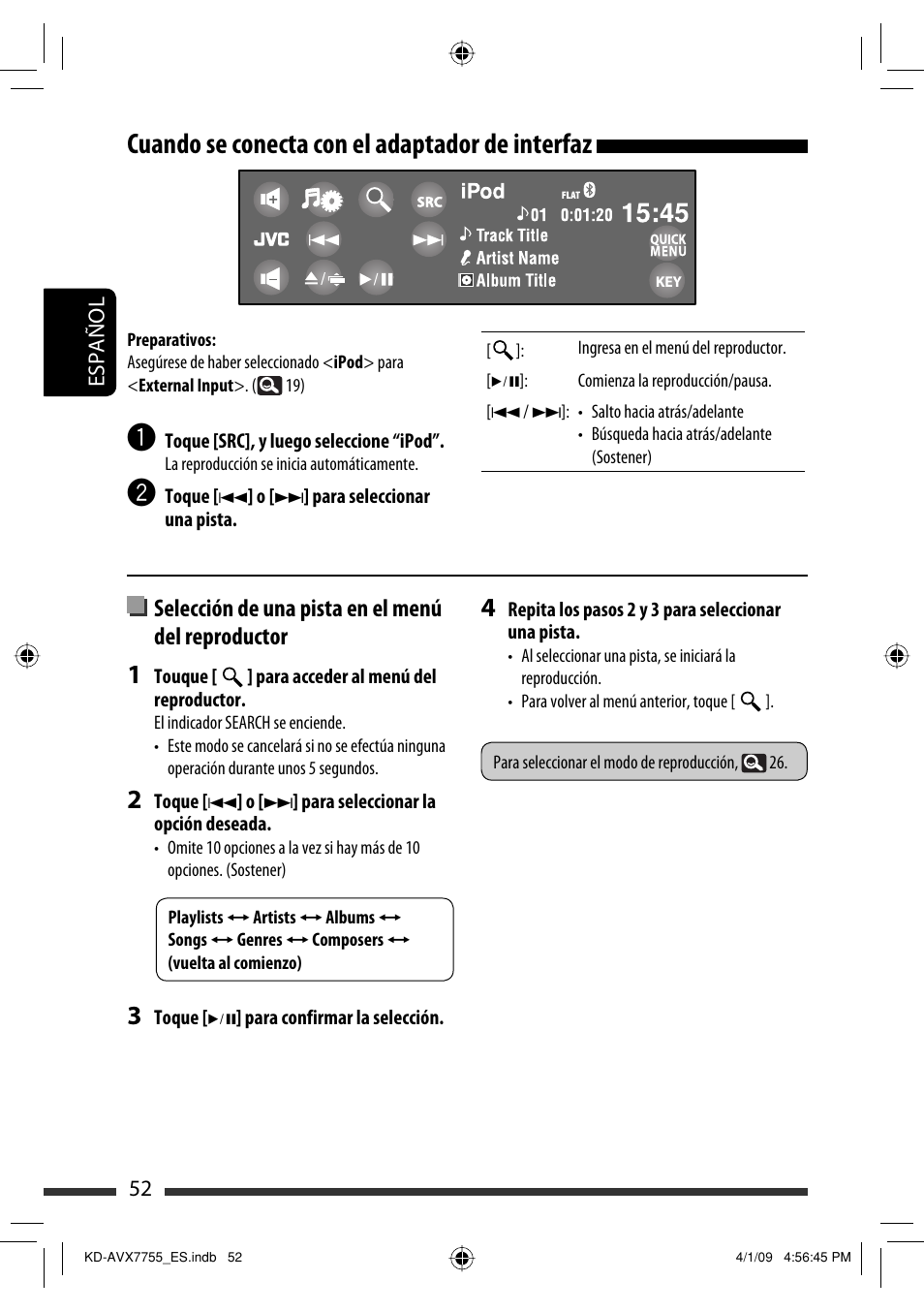 Cuando se conecta con el adaptador de interfaz, Selección de una pista en el menú del reproductor | JVC KD-AVX77 User Manual | Page 126 / 220