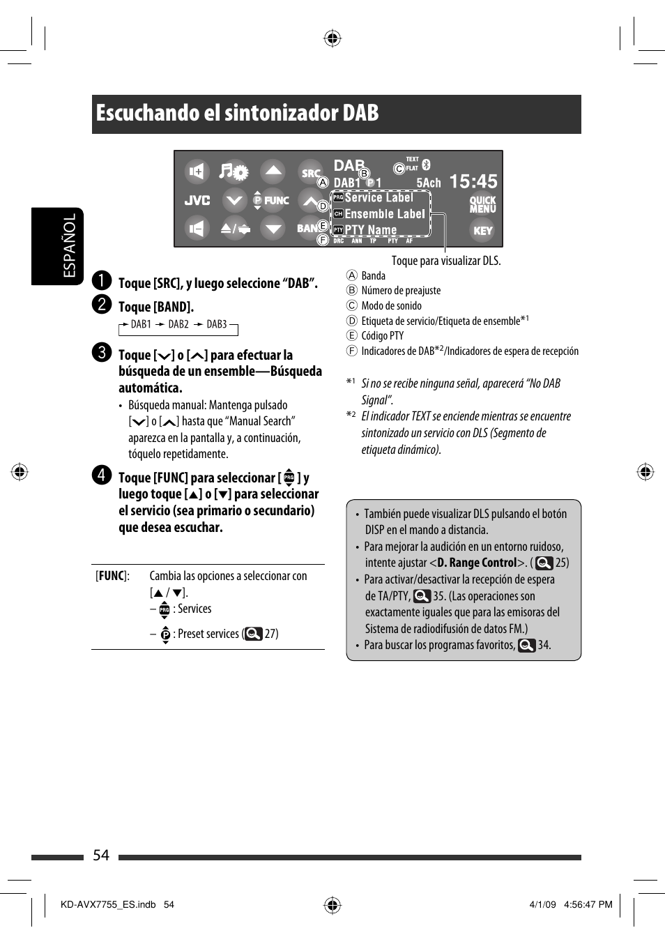 Escuchando el sintonizador dab, 54 español | JVC KD-AVX77 User Manual | Page 128 / 220