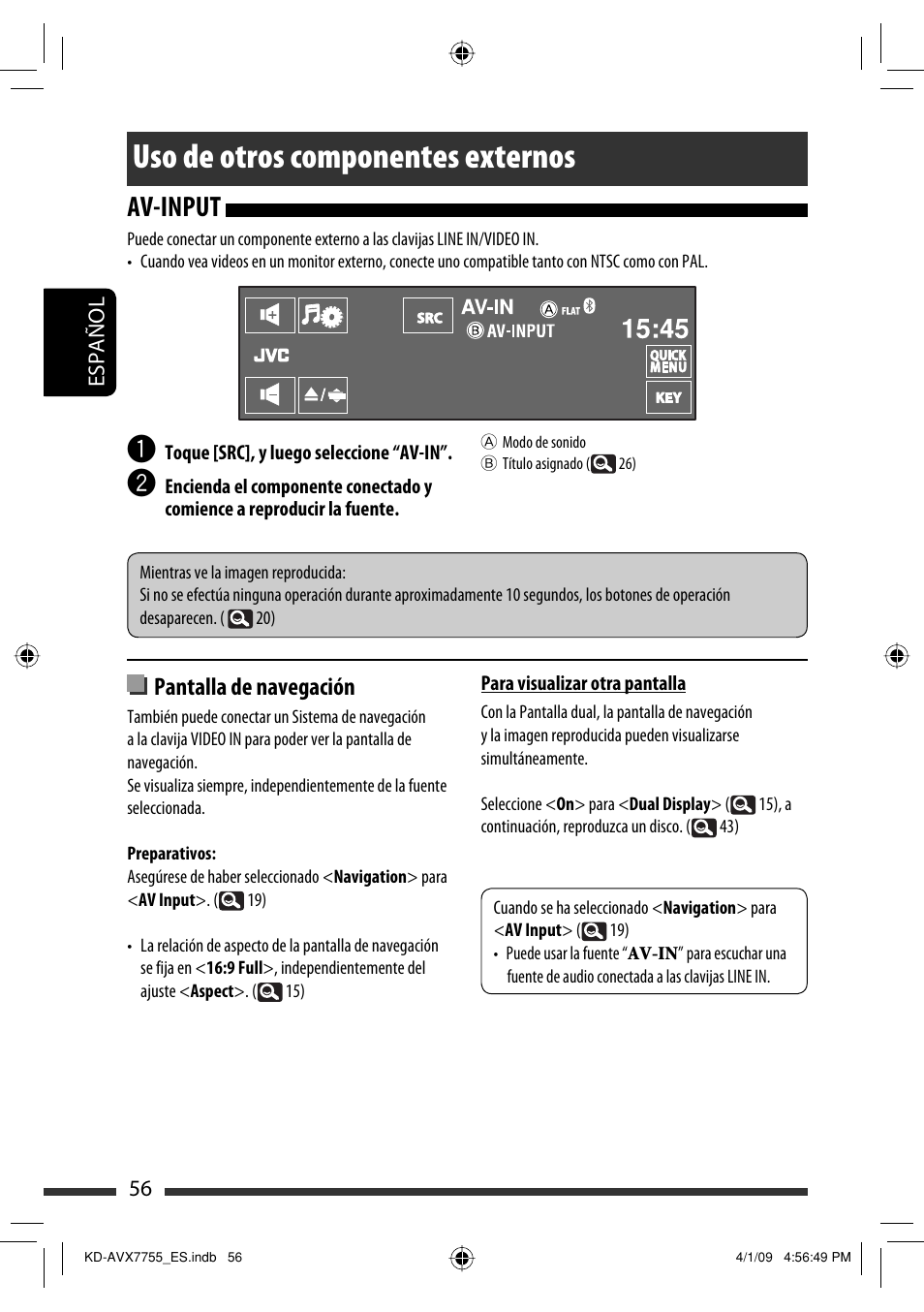 Uso de otros componentes externos, Av-input, Pantalla de navegación | JVC KD-AVX77 User Manual | Page 130 / 220