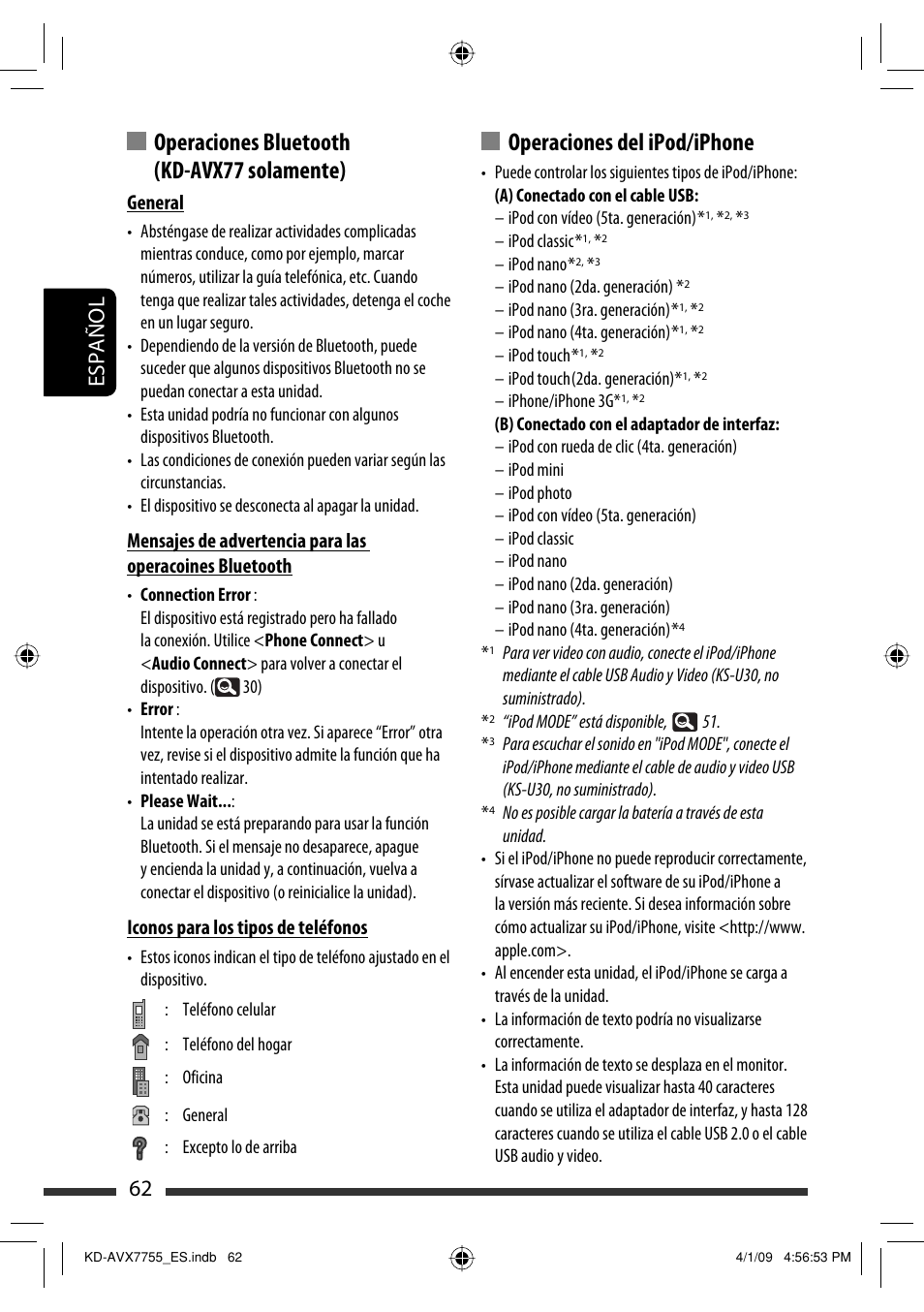 Operaciones del ipod/iphone, Operaciones bluetooth (kd-avx77 solamente), 62 español | JVC KD-AVX77 User Manual | Page 136 / 220