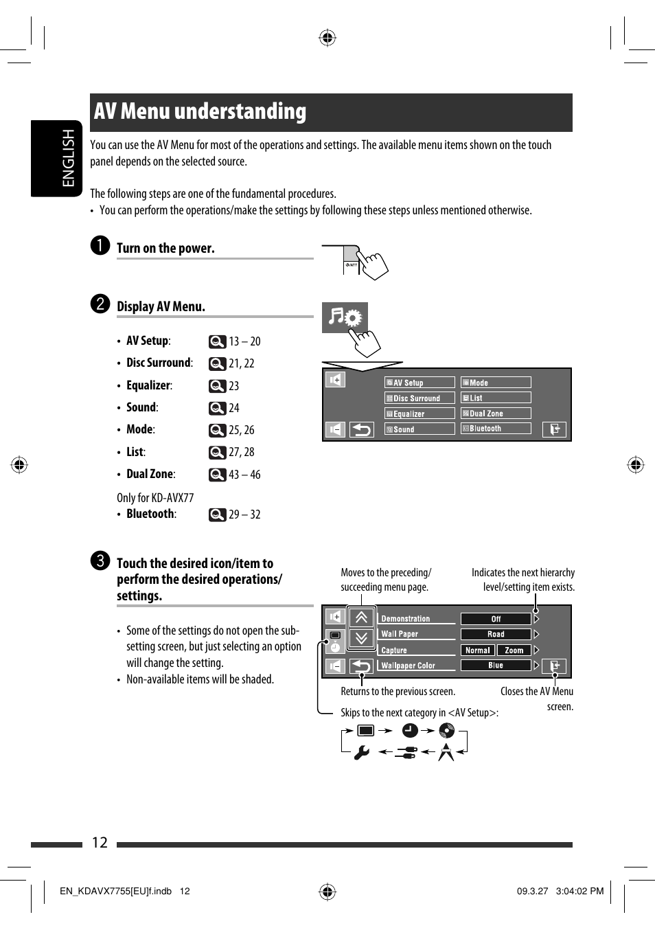 Av menu, Av menu understanding | JVC KD-AVX77 User Manual | Page 14 / 220