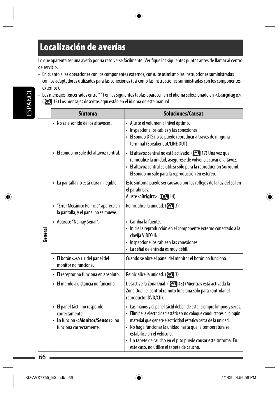 Localización de averías, 66 español | JVC KD-AVX77 User Manual | Page 140 / 220