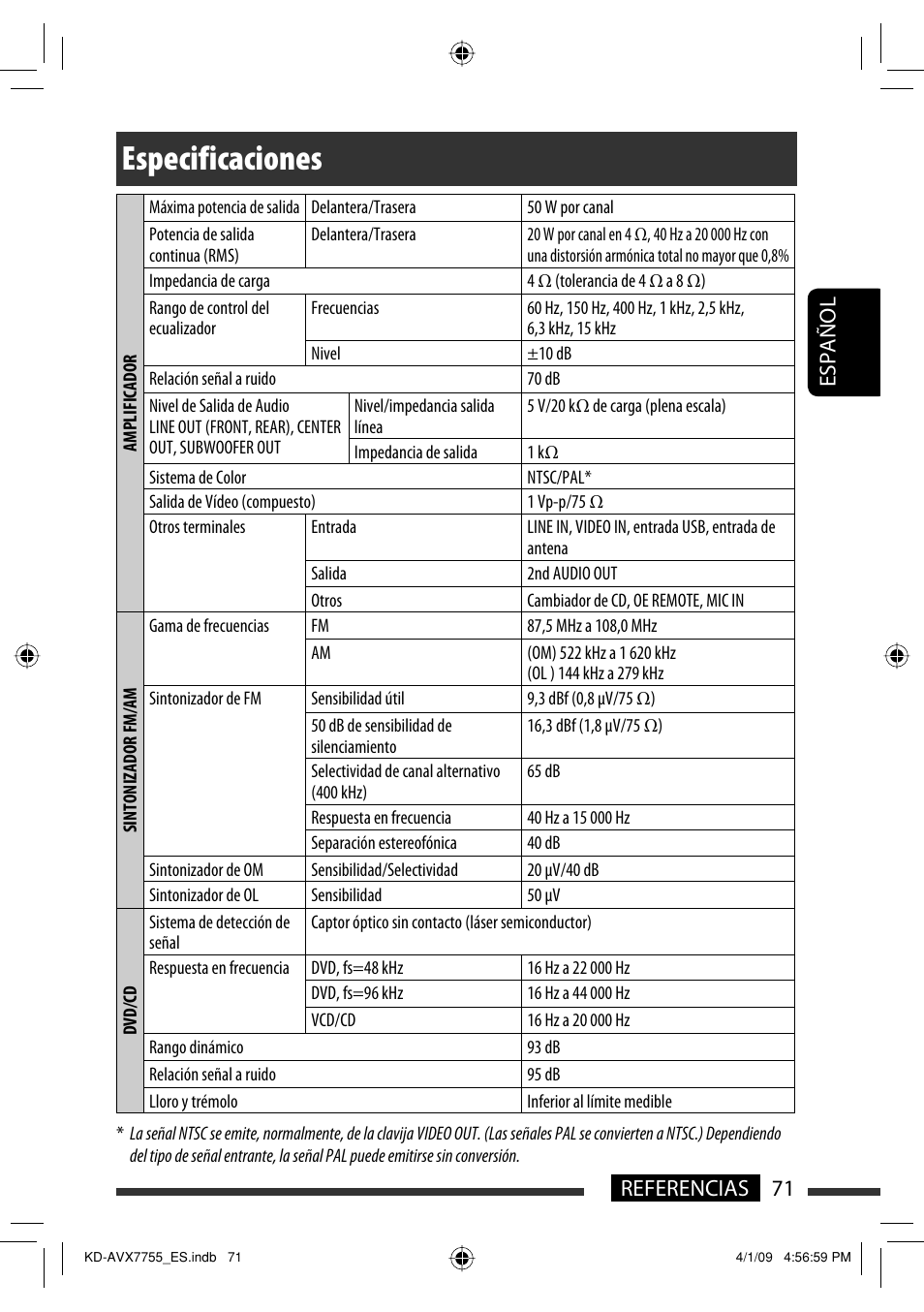 Especificaciones, 71 referencias español | JVC KD-AVX77 User Manual | Page 145 / 220