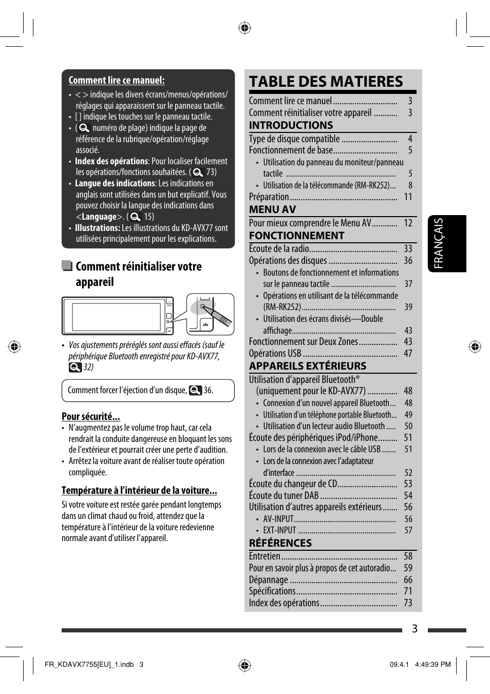 Table des matieres, Comment réinitialiser votre appareil, 3français | JVC KD-AVX77 User Manual | Page 149 / 220