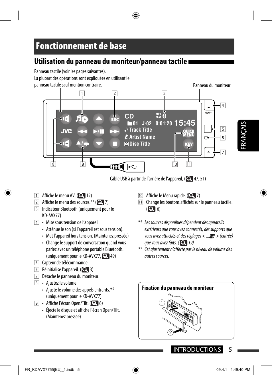 Fonctionnement de base, Utilisation du panneau du moniteur/panneau tactile, 5introductions français | JVC KD-AVX77 User Manual | Page 151 / 220