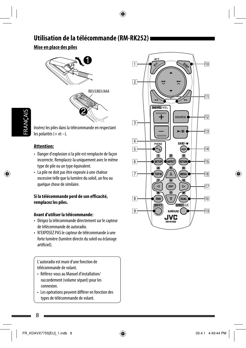 Utilisation de la télécommande (rm-rk252), 8français | JVC KD-AVX77 User Manual | Page 154 / 220