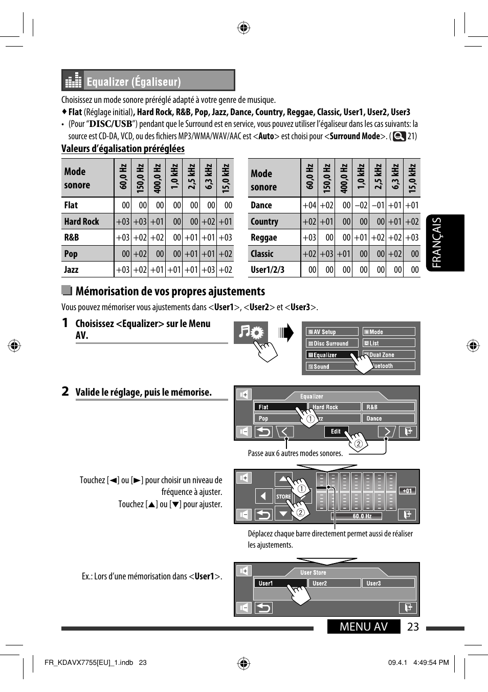 Mémorisation de vos propres ajustements, 23 menu av français | JVC KD-AVX77 User Manual | Page 169 / 220