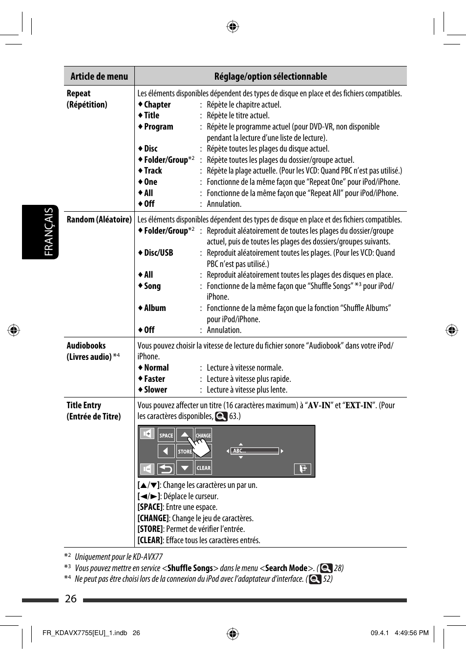 26 français, Article de menu réglage/option sélectionnable | JVC KD-AVX77 User Manual | Page 172 / 220