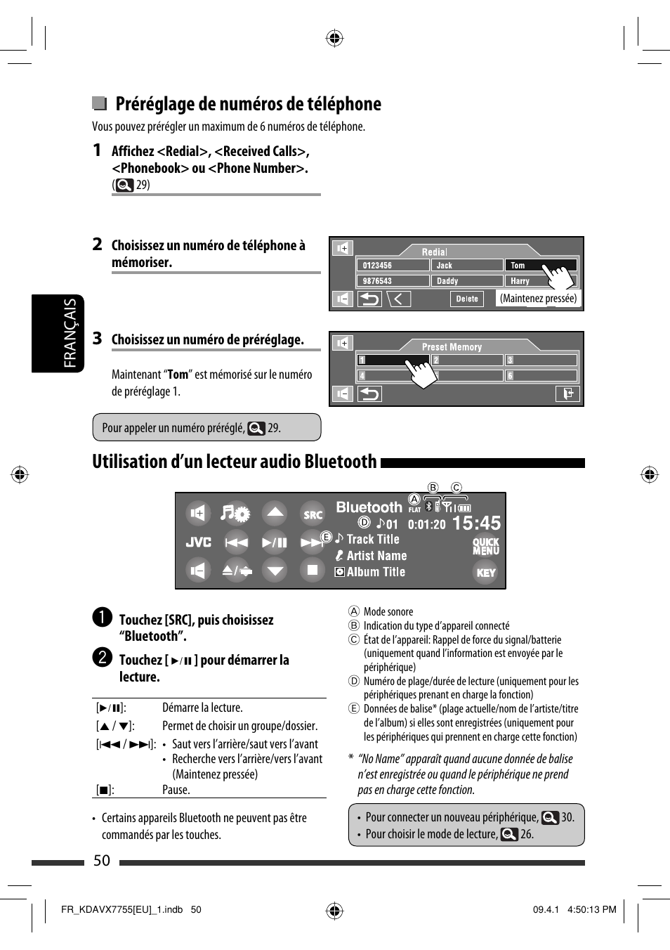 Préréglage de numéros de téléphone, Utilisation d’un lecteur audio bluetooth | JVC KD-AVX77 User Manual | Page 196 / 220