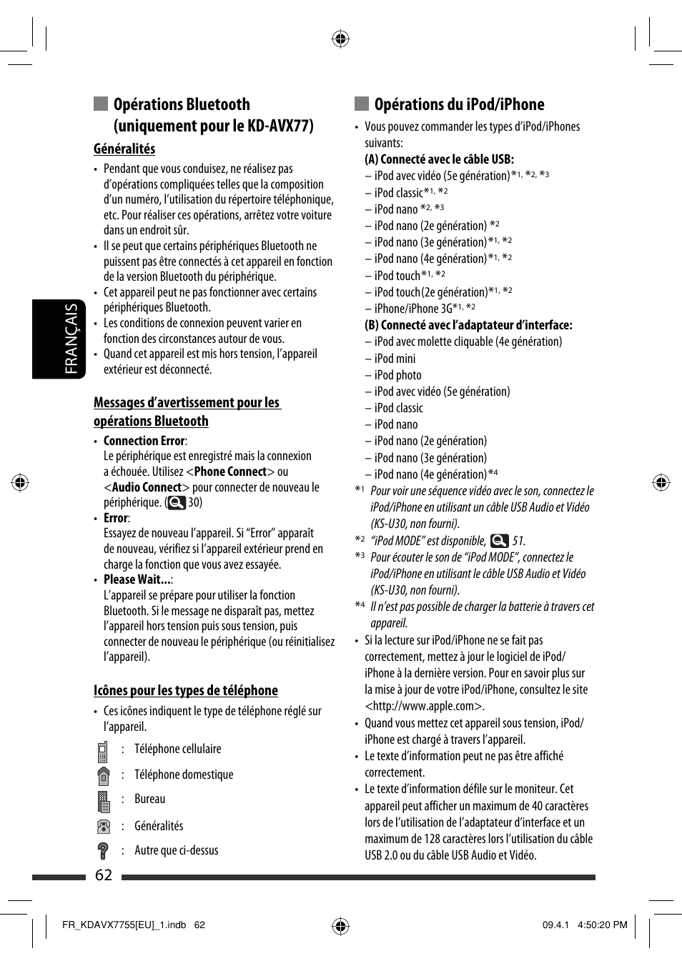 Opérations du ipod/iphone, Opérations bluetooth (uniquement pour le kd-avx77), 62 français | Généralités, Icônes pour les types de téléphone | JVC KD-AVX77 User Manual | Page 208 / 220