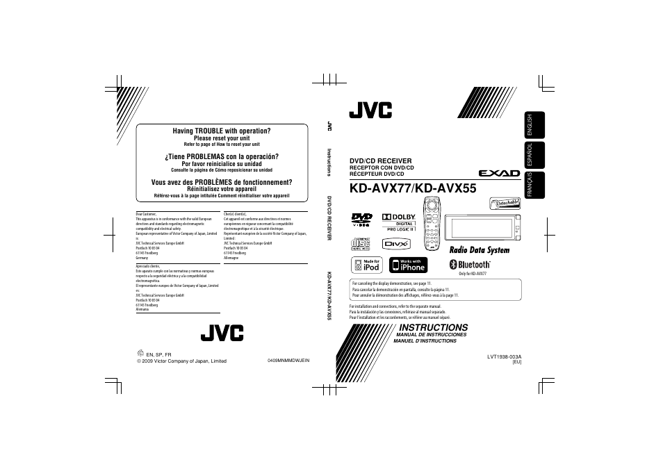 Kd-avx77/kd-avx55, Instructions, Having trouble with operation | Tiene problemas con la operación, Vous avez des problèmes de fonctionnement, Dvd/cd receiver | JVC KD-AVX77 User Manual | Page 220 / 220