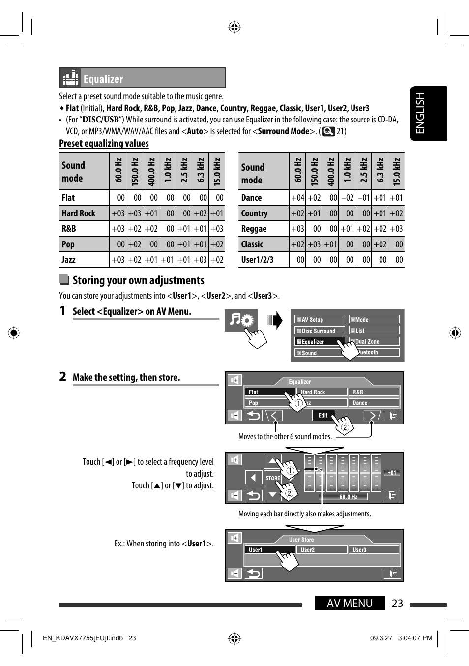 Storing your own adjustments, 23 av menu english | JVC KD-AVX77 User Manual | Page 25 / 220