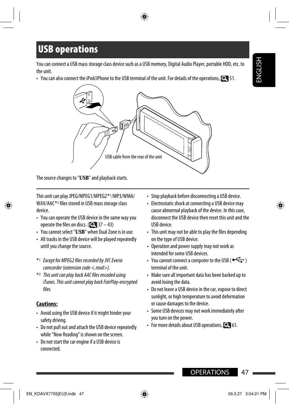 Usb operations, 47 operations english | JVC KD-AVX77 User Manual | Page 49 / 220