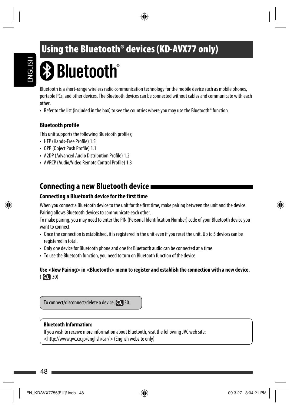 External devices, Using the bluetooth® devices (kd-avx77 only), Connecting a new bluetooth device | JVC KD-AVX77 User Manual | Page 50 / 220