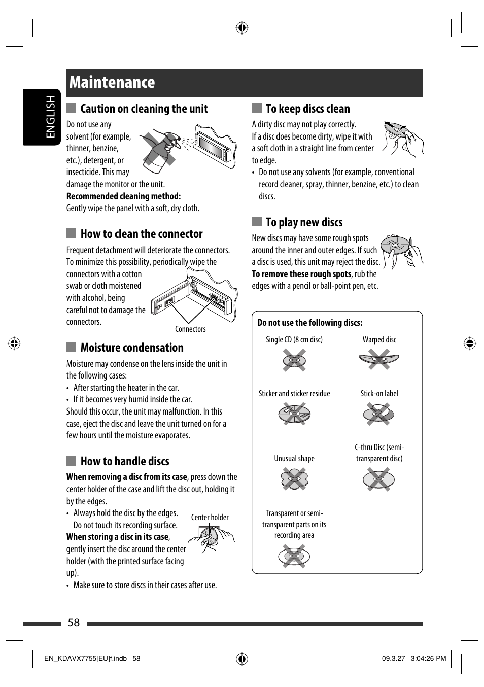 References, Maintenance, Caution on cleaning the unit | How to clean the connector, Moisture condensation, How to handle discs, 58 english | JVC KD-AVX77 User Manual | Page 60 / 220