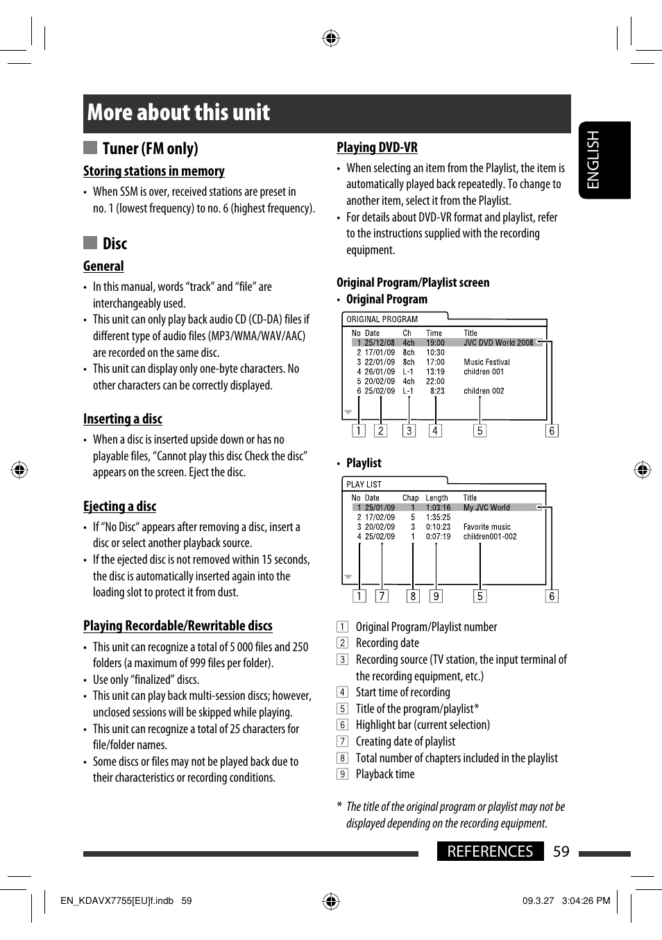 More about this unit, Tuner (fm only), Disc | 59 references english | JVC KD-AVX77 User Manual | Page 61 / 220