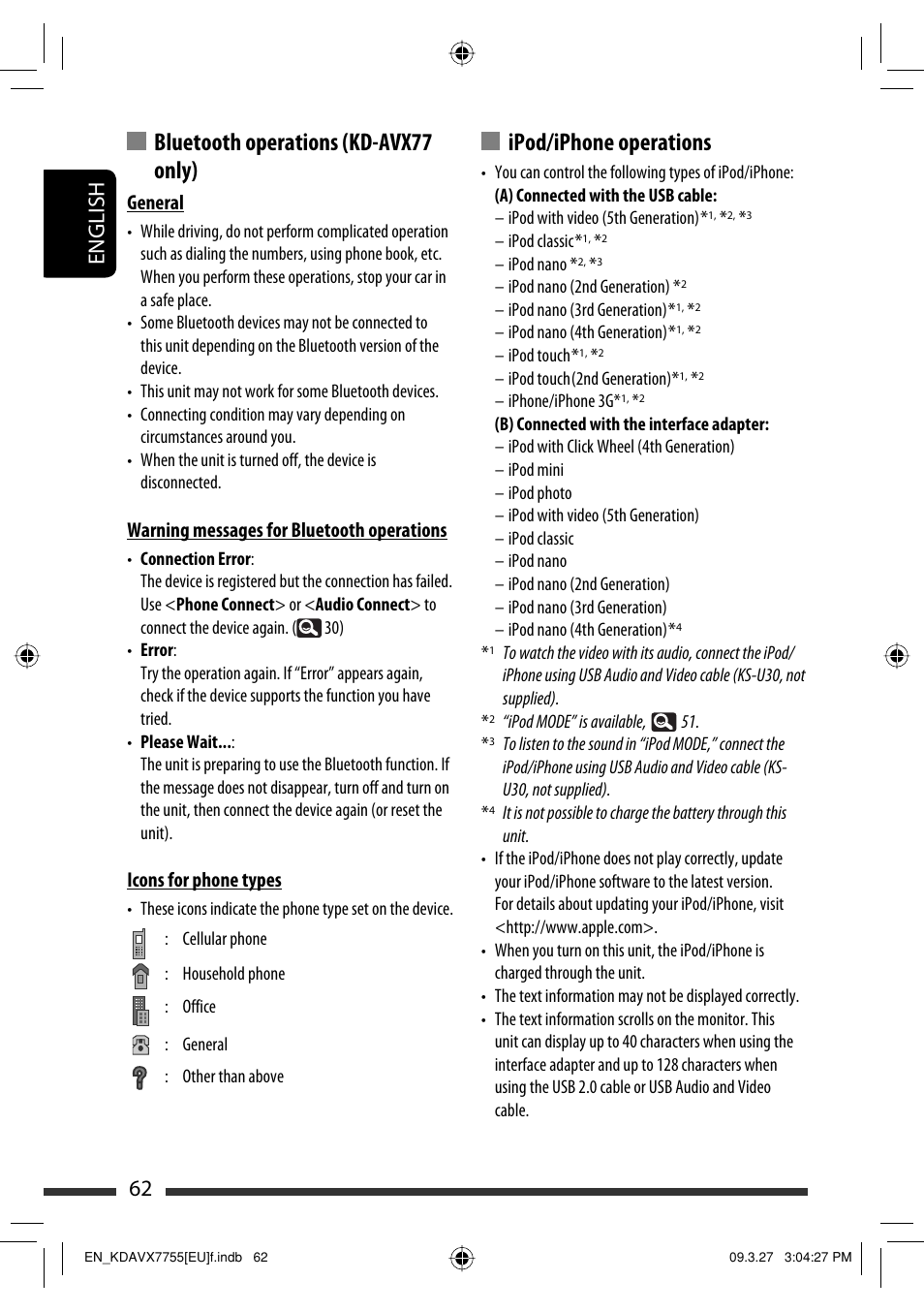 Ipod/iphone operations, Bluetooth operations (kd-avx77 only), 62 english | General, Warning messages for bluetooth operations, Icons for phone types | JVC KD-AVX77 User Manual | Page 64 / 220