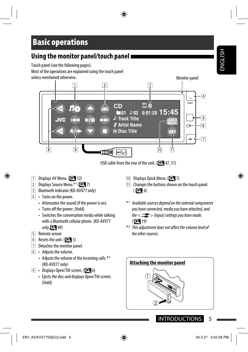 Basic operations, Using the monitor panel/touch panel, 5introductions english | JVC KD-AVX77 User Manual | Page 7 / 220