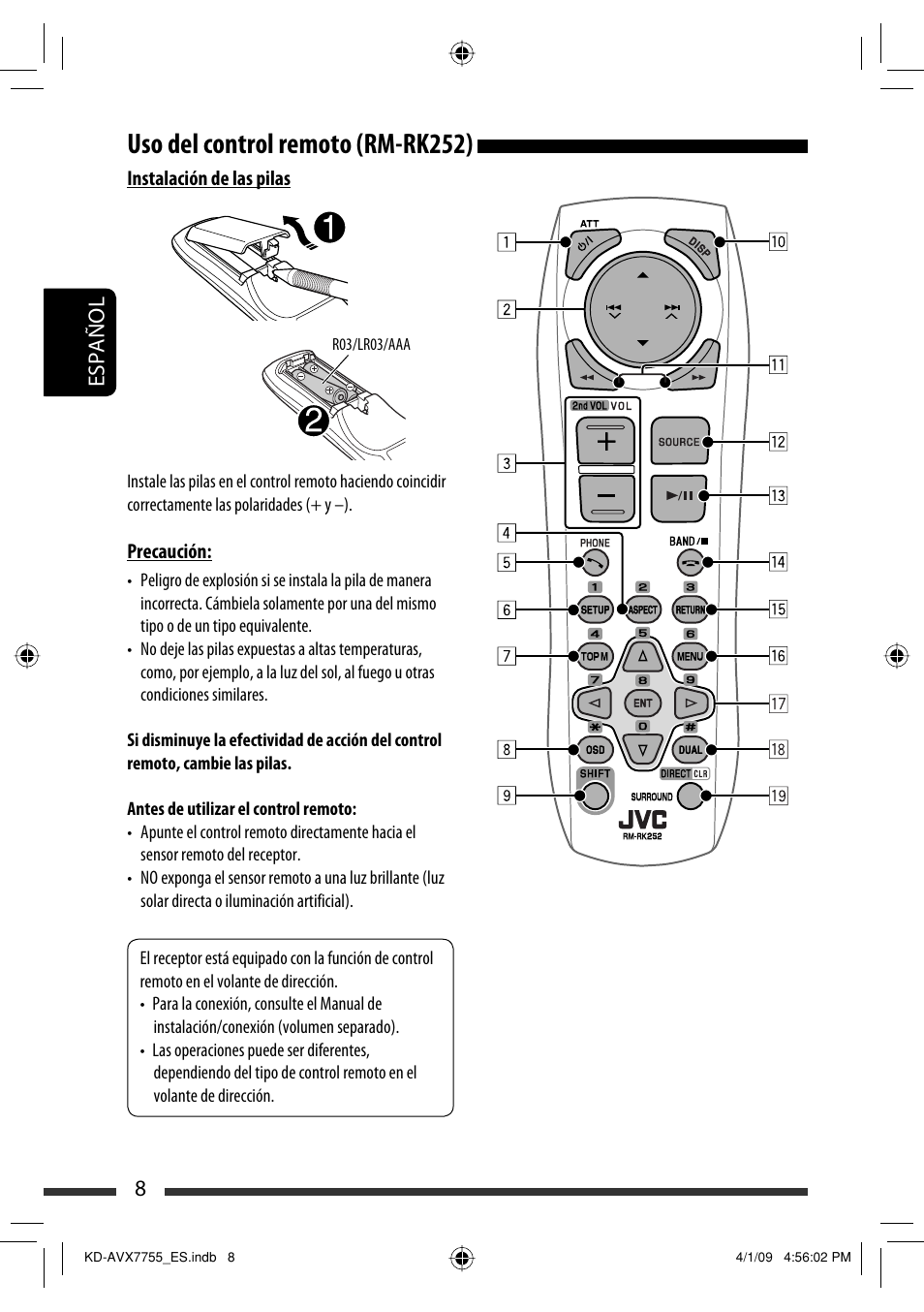 Uso del control remoto (rm-rk252), 8español | JVC KD-AVX77 User Manual | Page 82 / 220