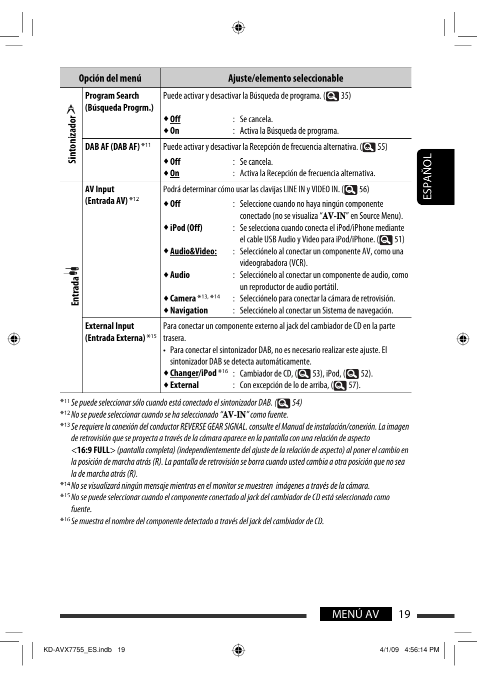 19 menú av español, Entrada | JVC KD-AVX77 User Manual | Page 93 / 220