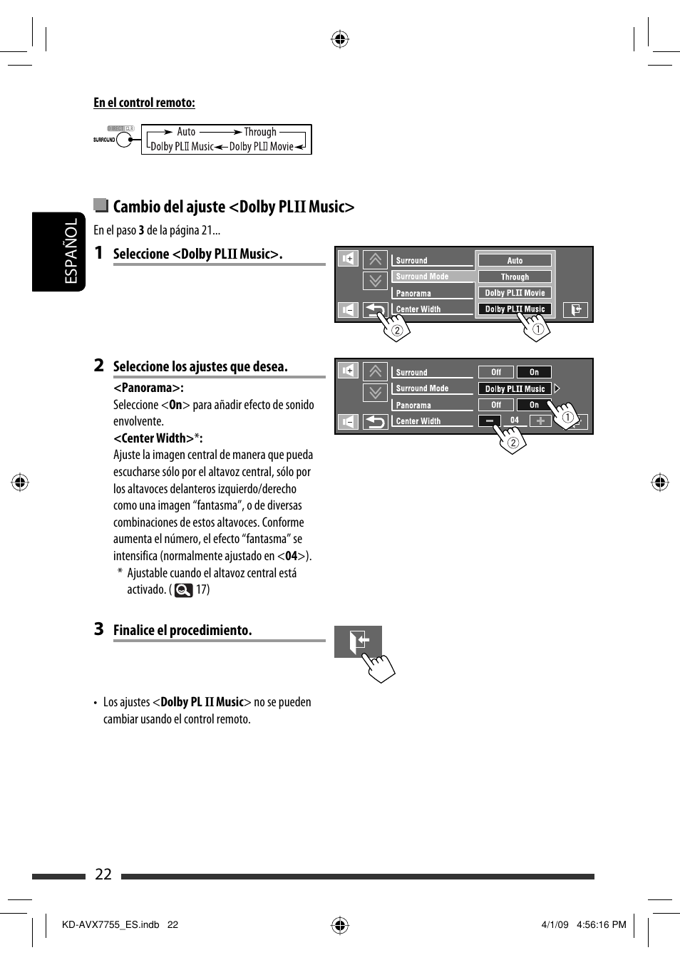 Cambio del ajuste <dolby pl ii music | JVC KD-AVX77 User Manual | Page 96 / 220